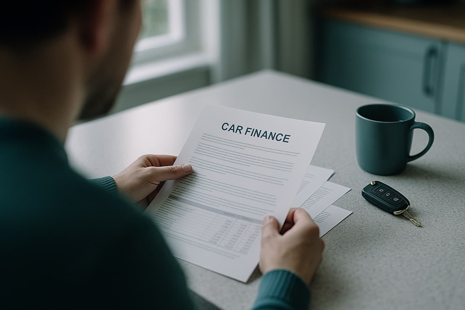 Reviewing car finance paperwork at home